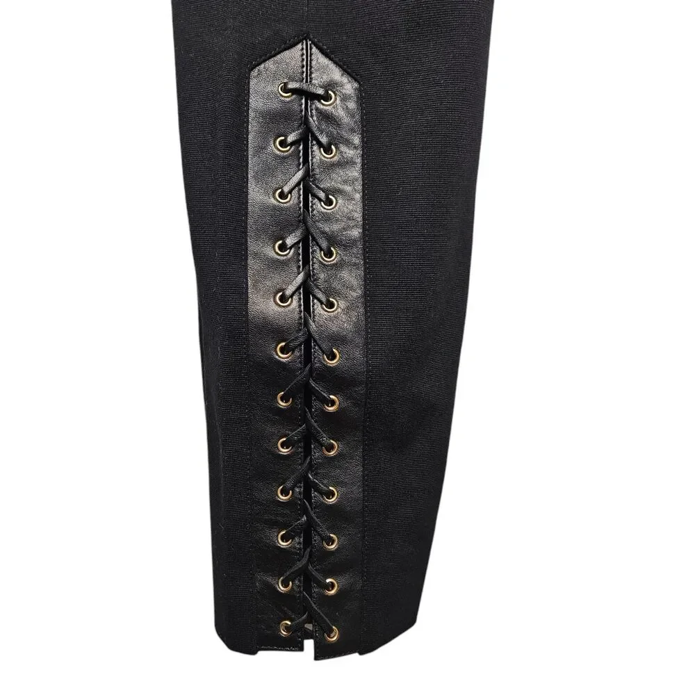 EMILIO PUCCI Black Ponte Knit Pants Women 14 Lambskin Laceup Side Panels Stretch